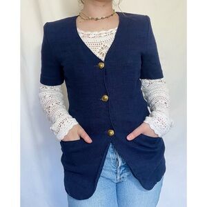 🦞3/$30🦞 Norton McNaughton | Vtg Navy Button-Down Blazer Blouse | Flax Blend